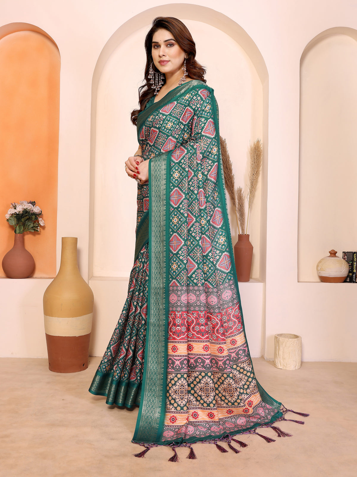 Fabrica Vibe Green Printed Handwoven Saree with Traditional Geometric Pallu & Tassel Border