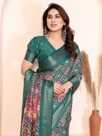 Fabrica Vibe Green Printed Handwoven Saree with Traditional Geometric Pallu & Tassel Border