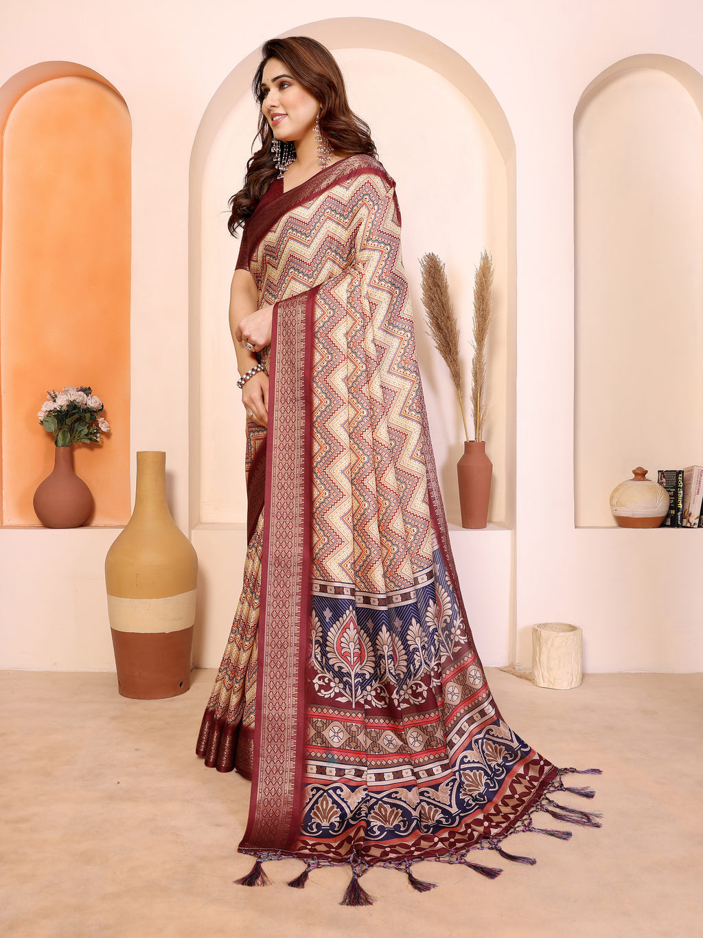 Fabrica Vibe Maroon Cotton Handloom Geometric Printed Saree