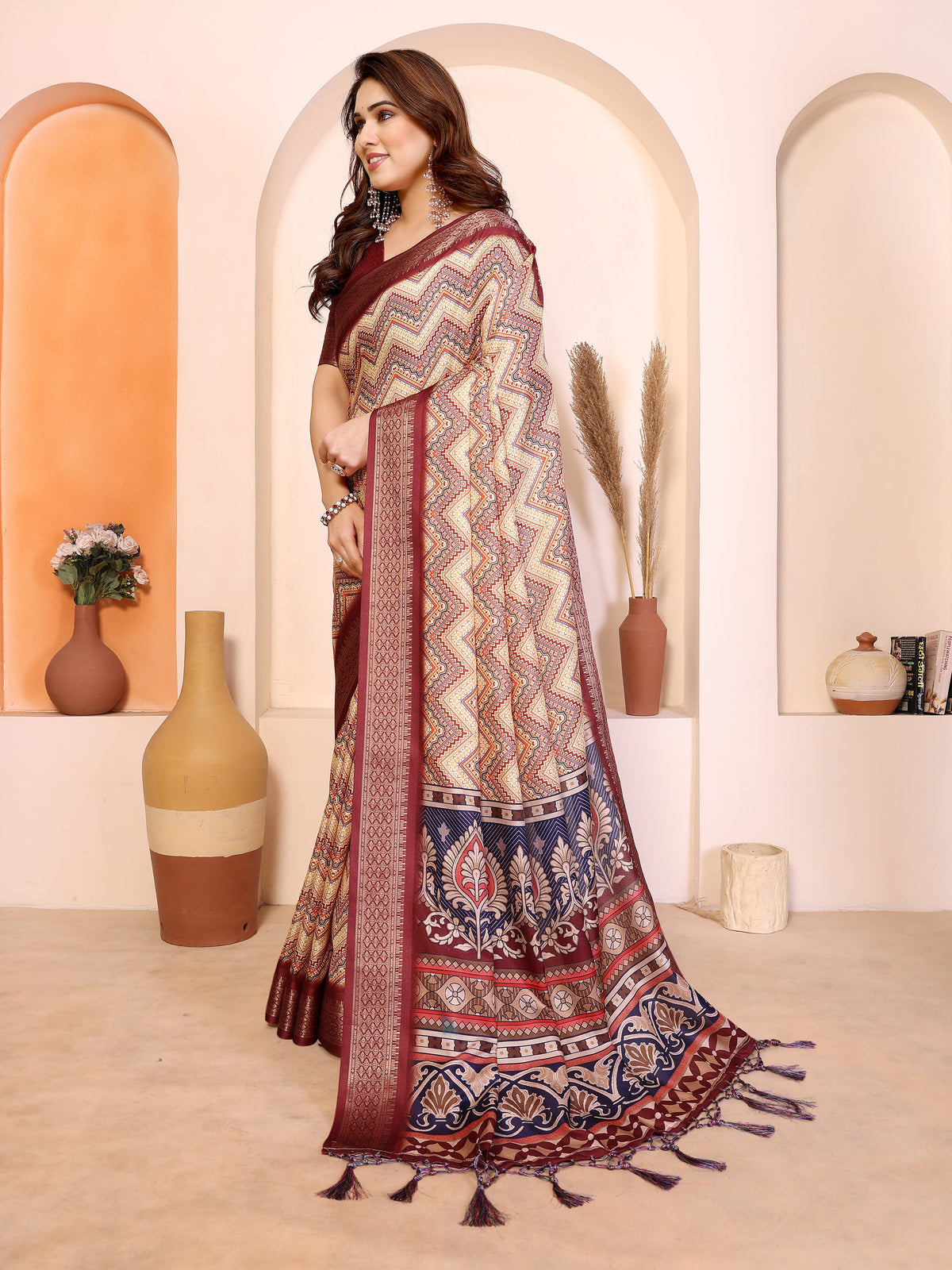 Fabrica Vibe Maroon Cotton Handloom Geometric Printed Saree