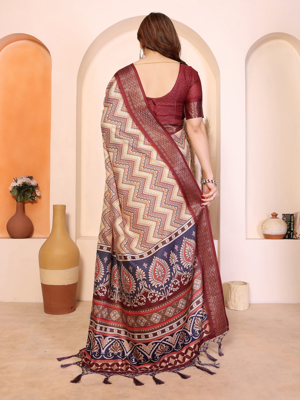 Fabrica Vibe Maroon Cotton Handloom Geometric Printed Saree