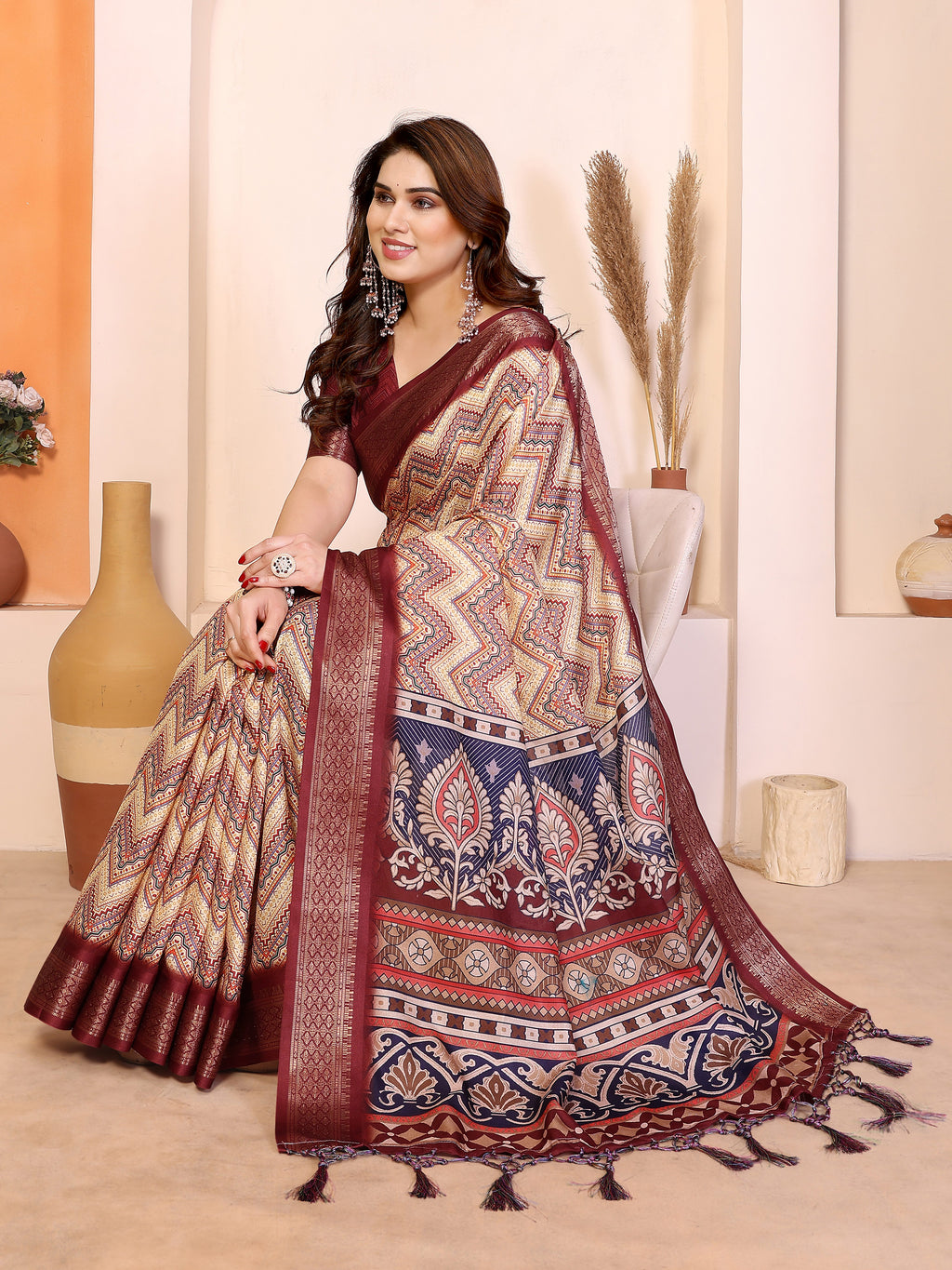 Fabrica Vibe Maroon Cotton Handloom Geometric Printed Saree