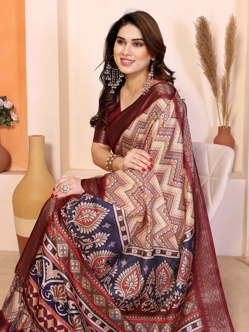 Fabrica Vibe Maroon Cotton Handloom Geometric Printed Saree