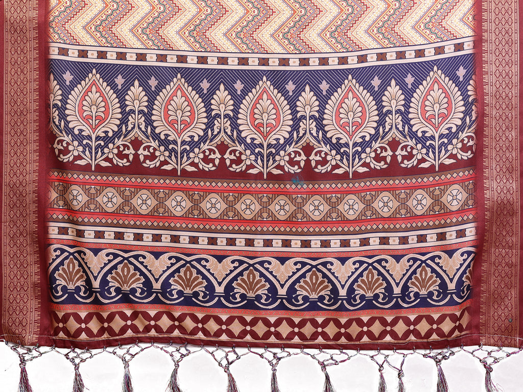 Fabrica Vibe Women's Premium Handwoven Cotton Chevron Woven Saree with Designer Border & Unstitched Blouse | Maroon Multi Traditional Handloom