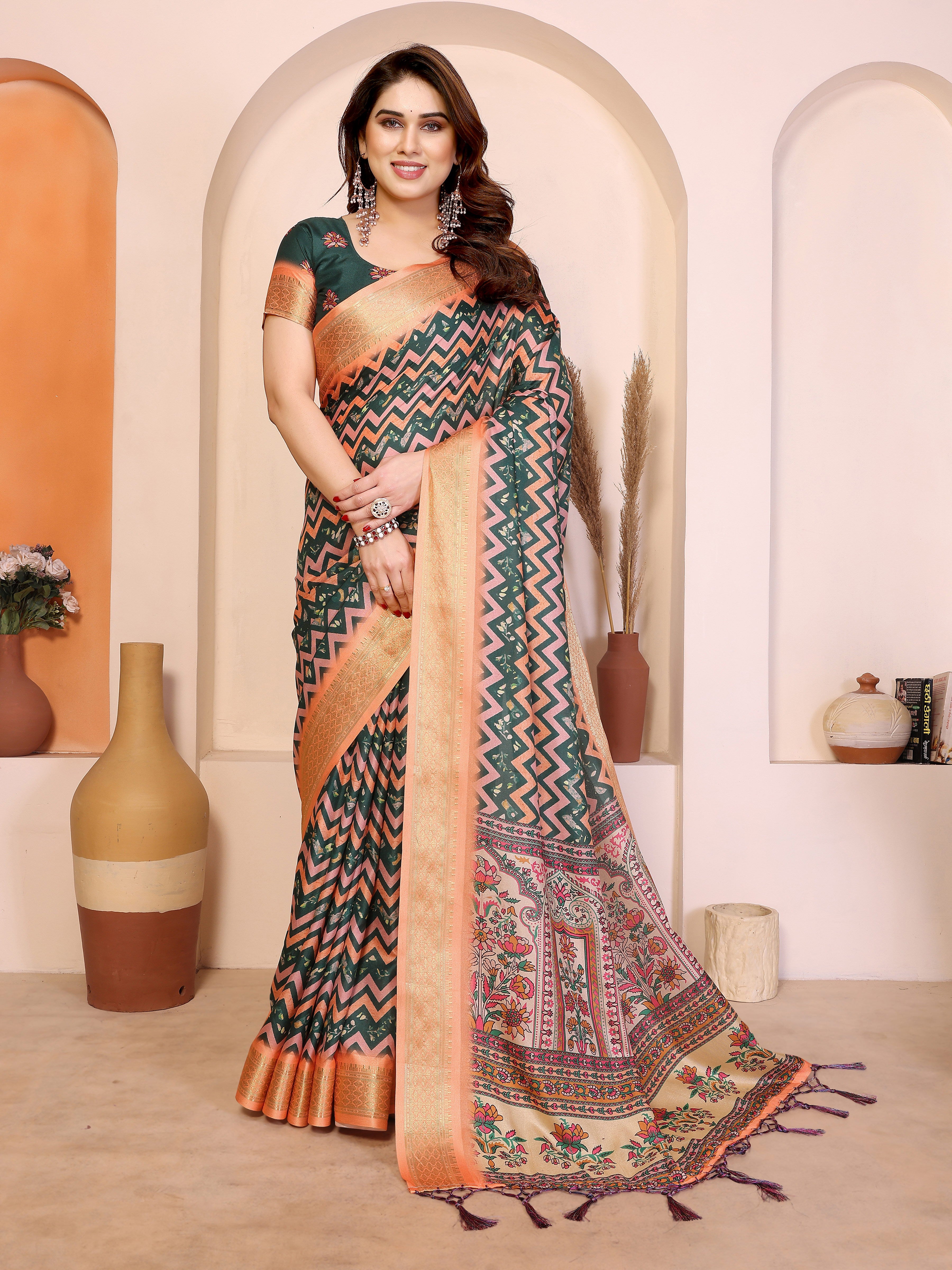Fabrica Vibe Handwoven Bengal Cotton Multicolor Zigzag Printed Saree with Floral Pallu & Unstitched Blouse