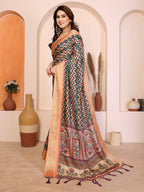 Fabrica Vibe Handwoven Bengal Cotton Multicolor Zigzag Printed Saree with Floral Pallu & Unstitched Blouse