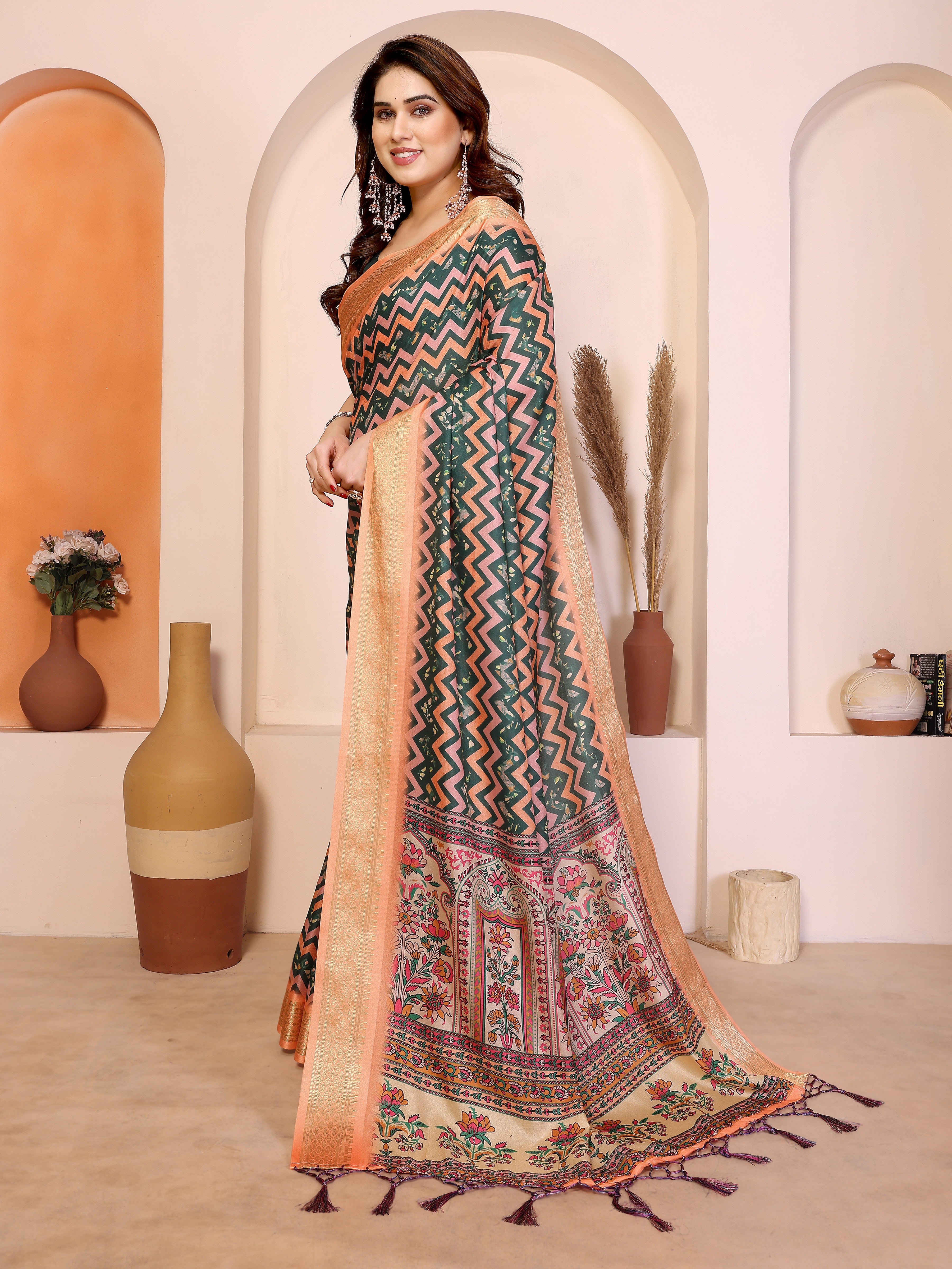 Fabrica Vibe Handwoven Bengal Cotton Multicolor Zigzag Printed Saree with Floral Pallu & Unstitched Blouse