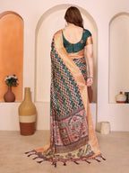 Fabrica Vibe Handwoven Bengal Cotton Multicolor Zigzag Printed Saree with Floral Pallu & Unstitched Blouse