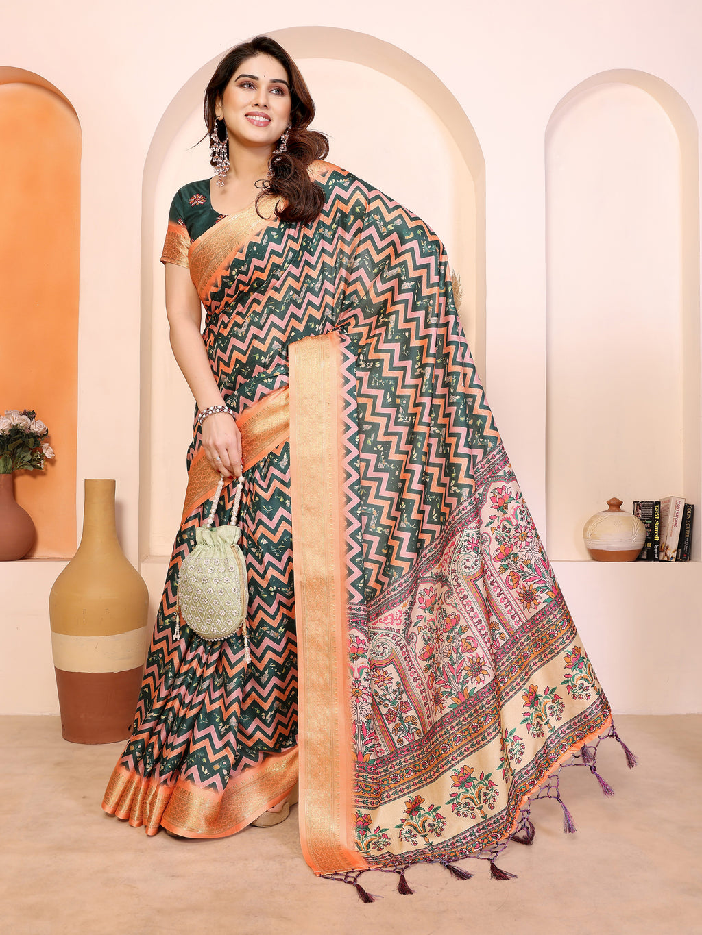 Fabrica Vibe Handwoven Bengal Cotton Multicolor Zigzag Printed Saree with Floral Pallu & Unstitched Blouse