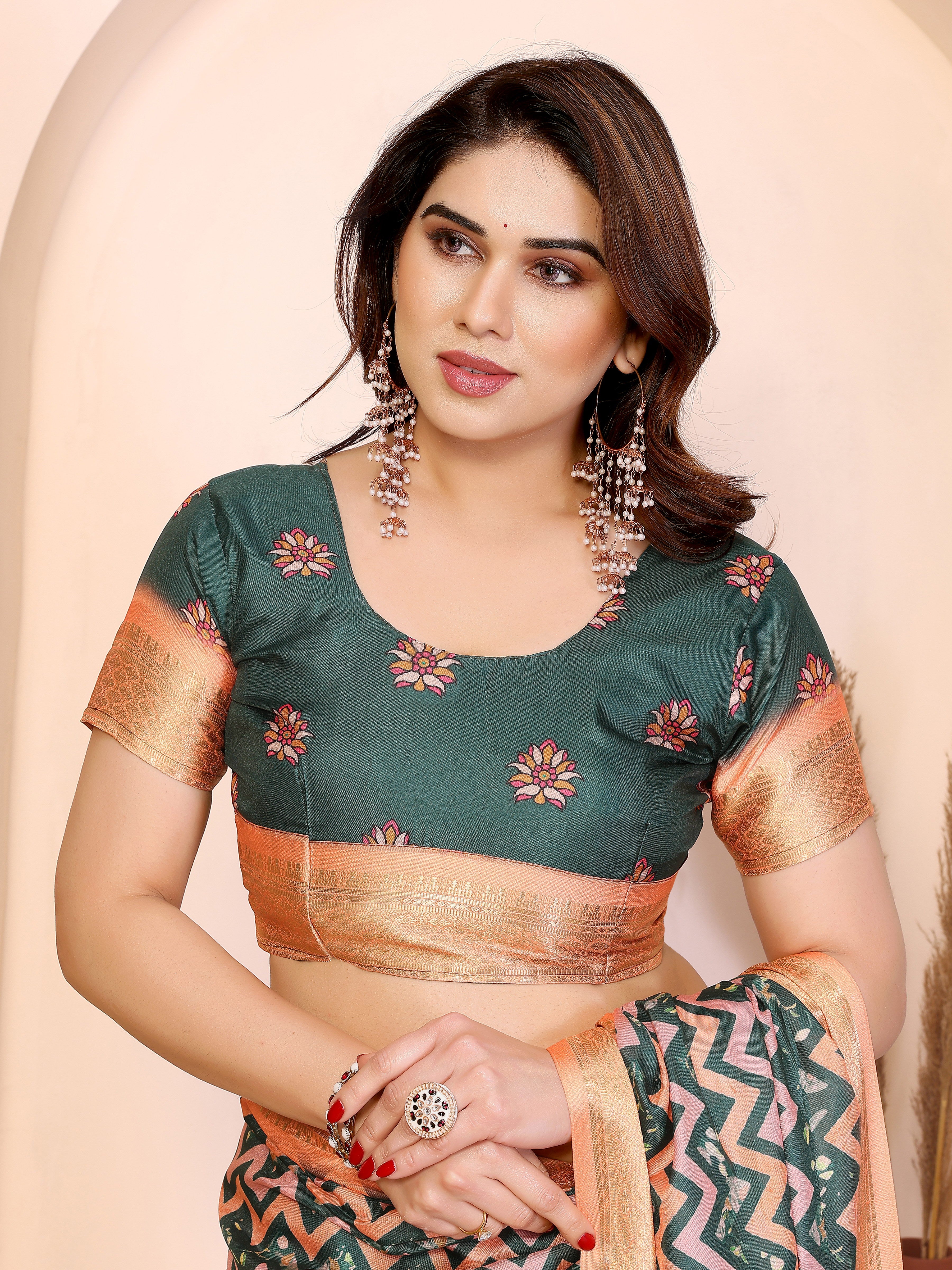 Fabrica Vibe Handwoven Bengal Cotton Multicolor Zigzag Printed Saree with Floral Pallu & Unstitched Blouse