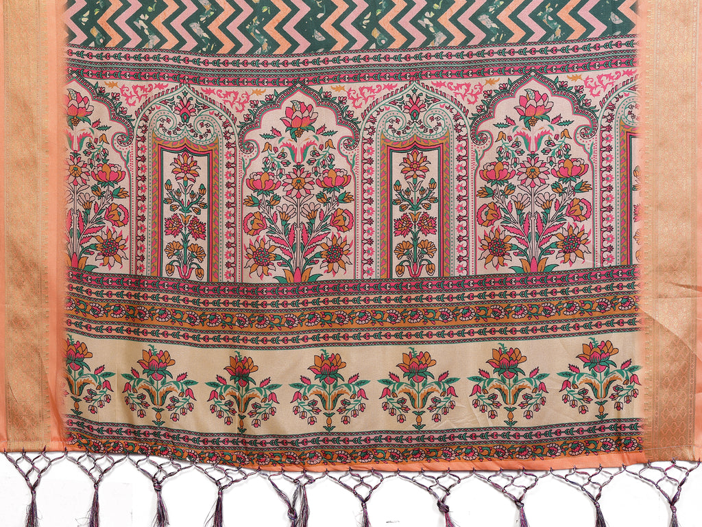 Fabrica Vibe Handwoven Bengal Cotton Multicolor Zigzag Printed Saree with Floral Pallu & Unstitched Blouse