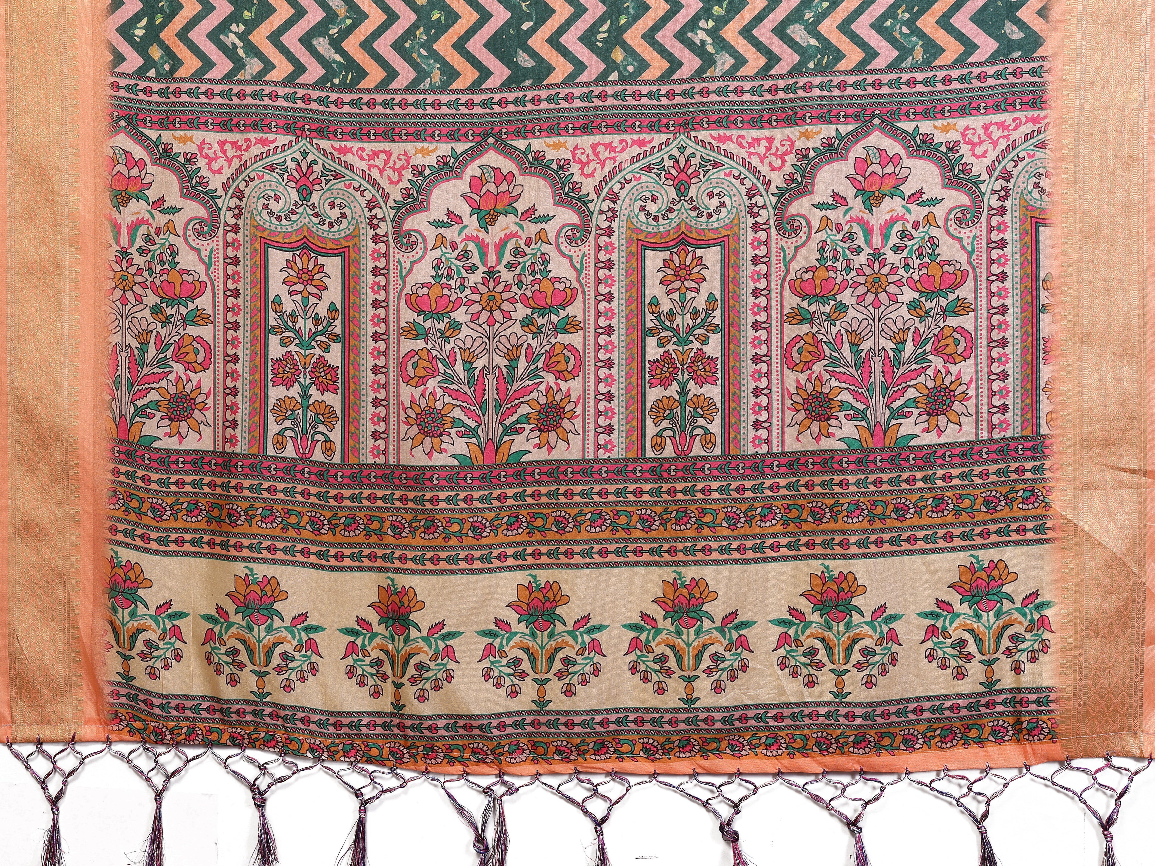 Fabrica Vibe Handwoven Bengal Cotton Multicolor Zigzag Printed Saree with Floral Pallu & Unstitched Blouse