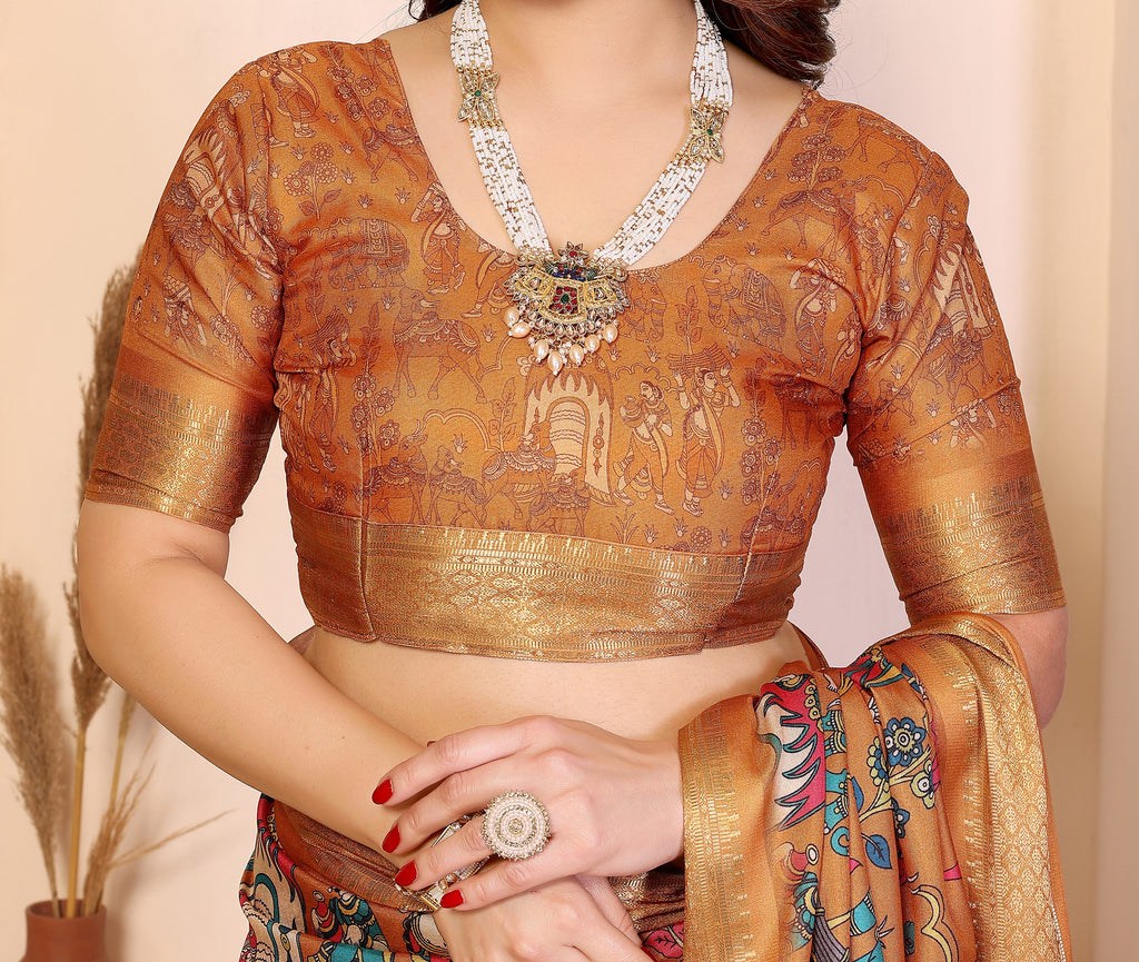 Fabrica Vibe Premium Cotton Silk Kalamkari Print Saree with Zari Woven Border