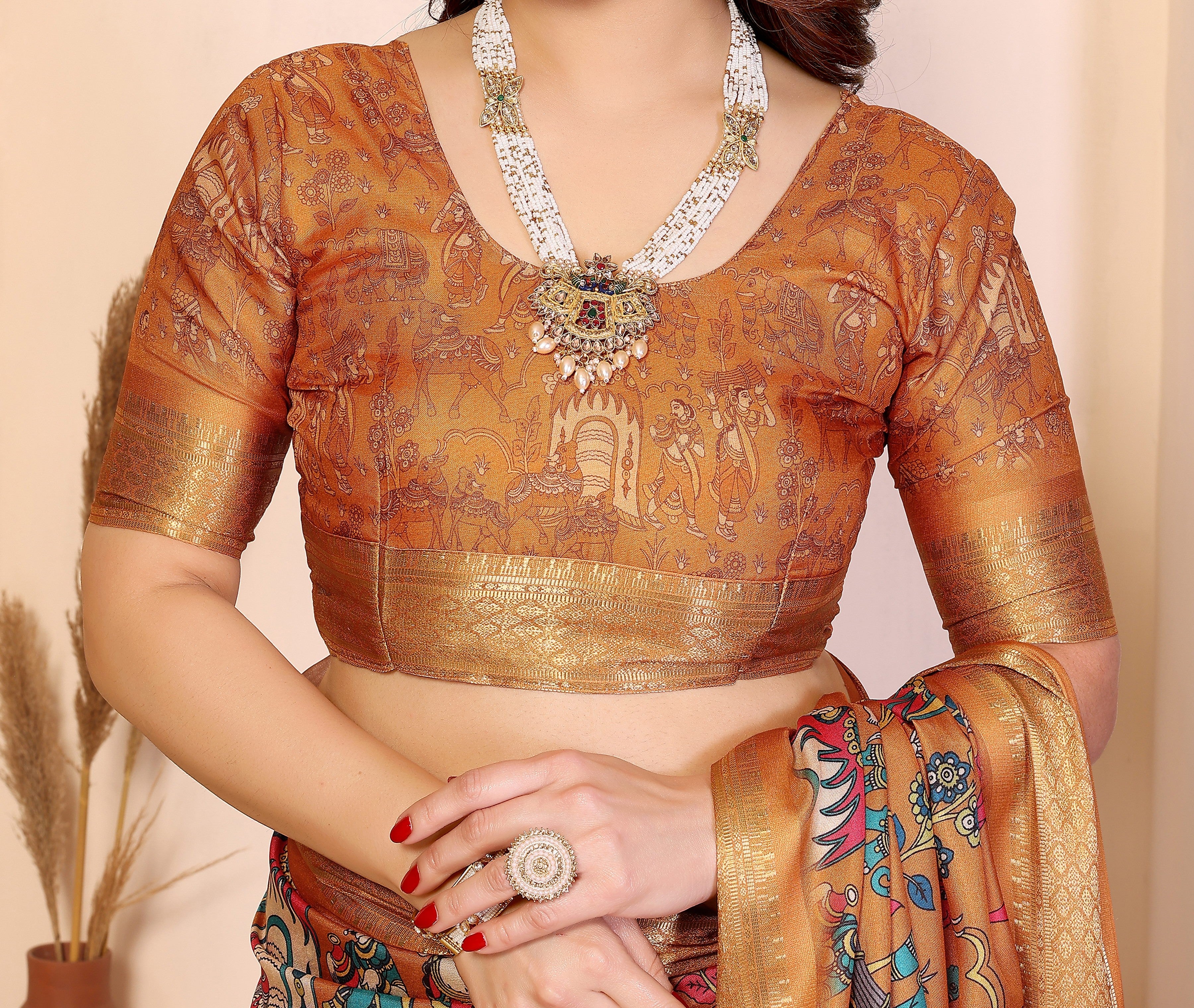 Fabrica Vibe Premium Cotton Silk Kalamkari Print Saree with Zari Woven Border