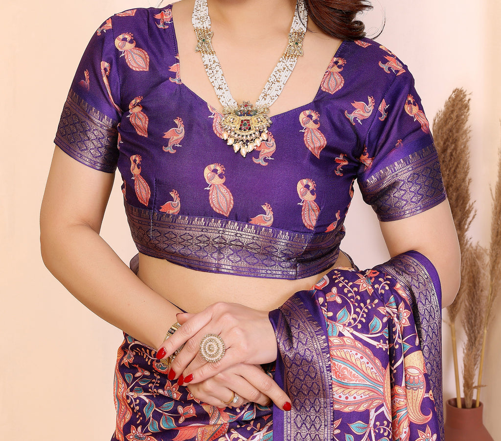 Fabrica Vibe Premium Cotton Silk Purple Kalamkari Print Saree with Zari Woven Border