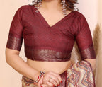 Fabrica Vibe Women's Premium Handwoven Cotton Chevron Woven Saree with Designer Border & Unstitched Blouse | Maroon Multi Traditional Handloom