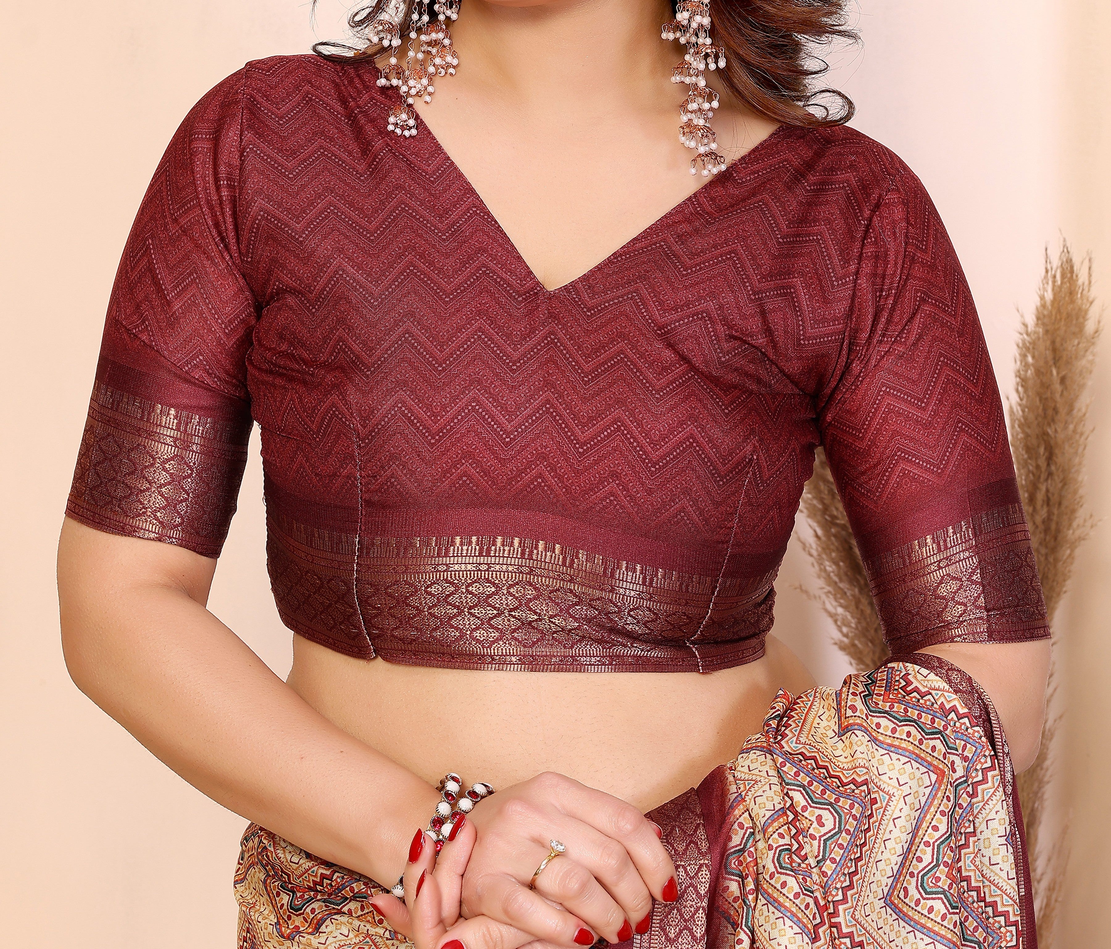 Fabrica Vibe Women's Premium Handwoven Cotton Chevron Woven Saree with Designer Border & Unstitched Blouse | Maroon Multi Traditional Handloom