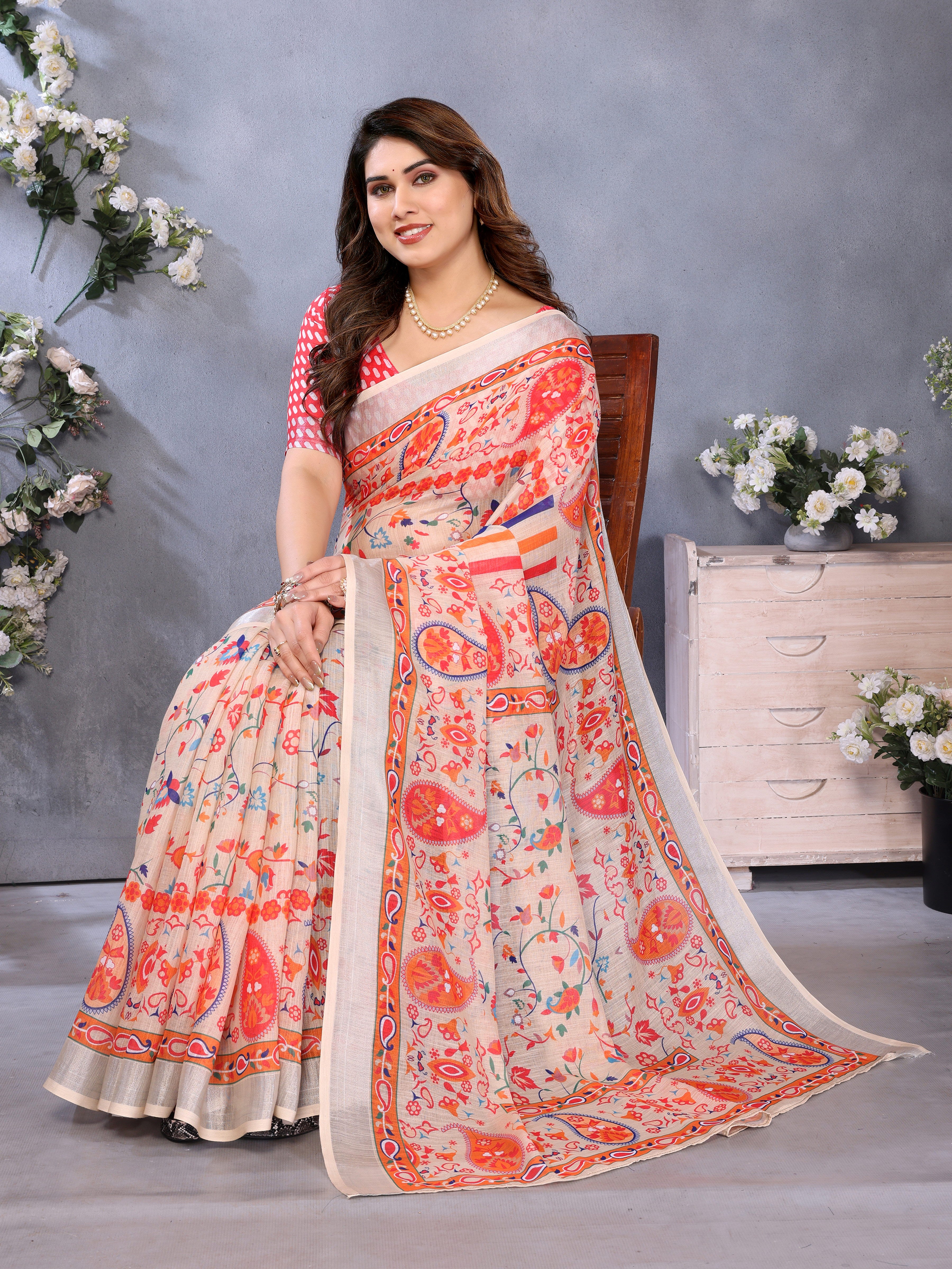 Fabrica Vibe Handwoven Bengal LINEN Saree with Floral Paisley Print & Multicolor Border