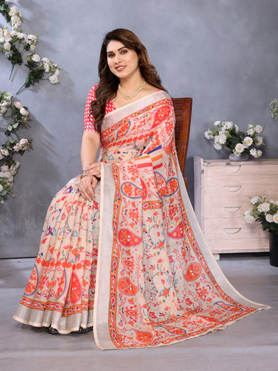 Fabrica Vibe Handwoven Bengal LINEN Saree with Floral Paisley Print & Multicolor Border