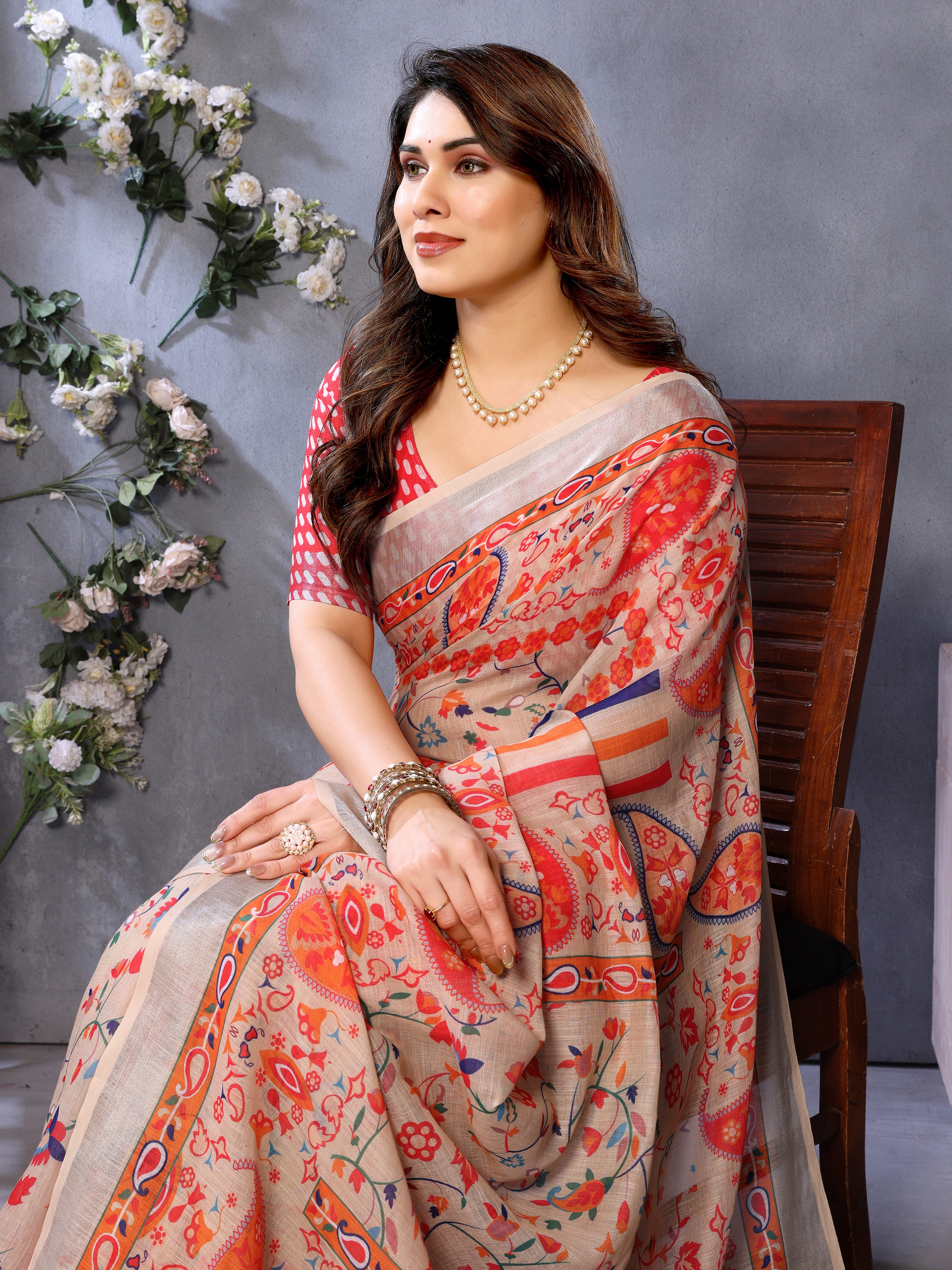Fabrica Vibe Handwoven Bengal LINEN Saree with Floral Paisley Print & Multicolor Border
