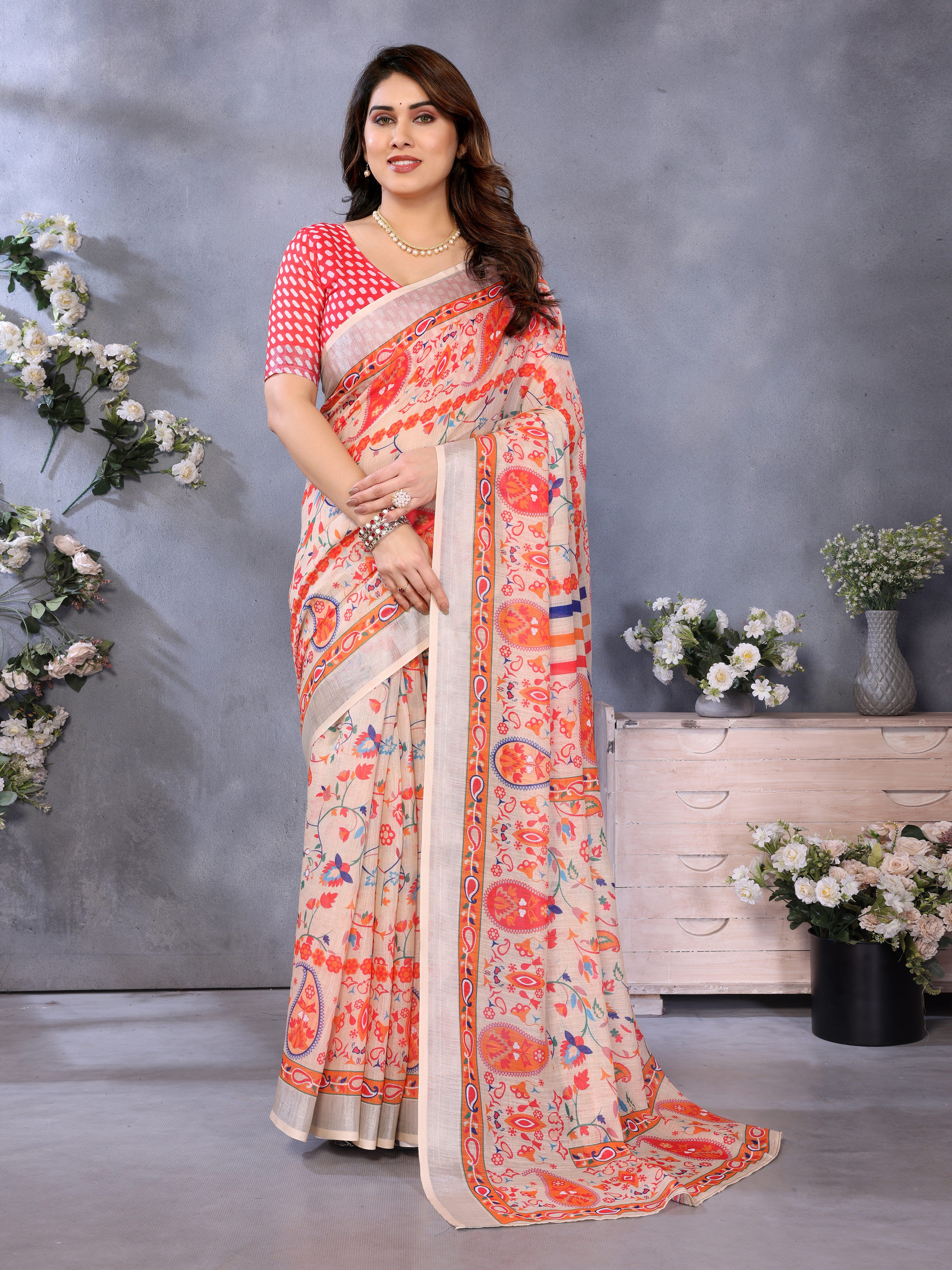 Fabrica Vibe Handwoven Bengal LINEN Saree with Floral Paisley Print & Multicolor Border