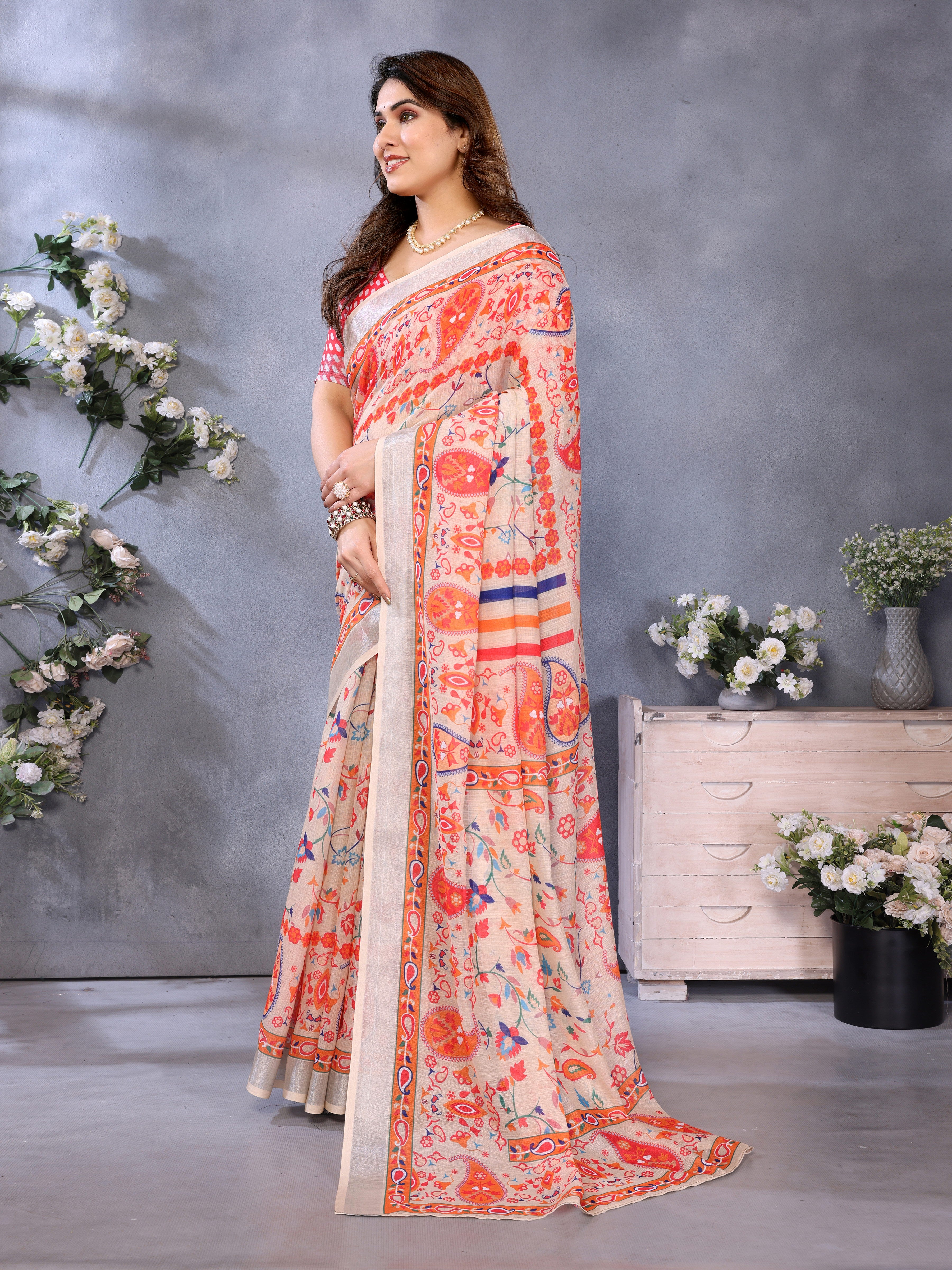 Fabrica Vibe Handwoven Bengal LINEN Saree with Floral Paisley Print & Multicolor Border