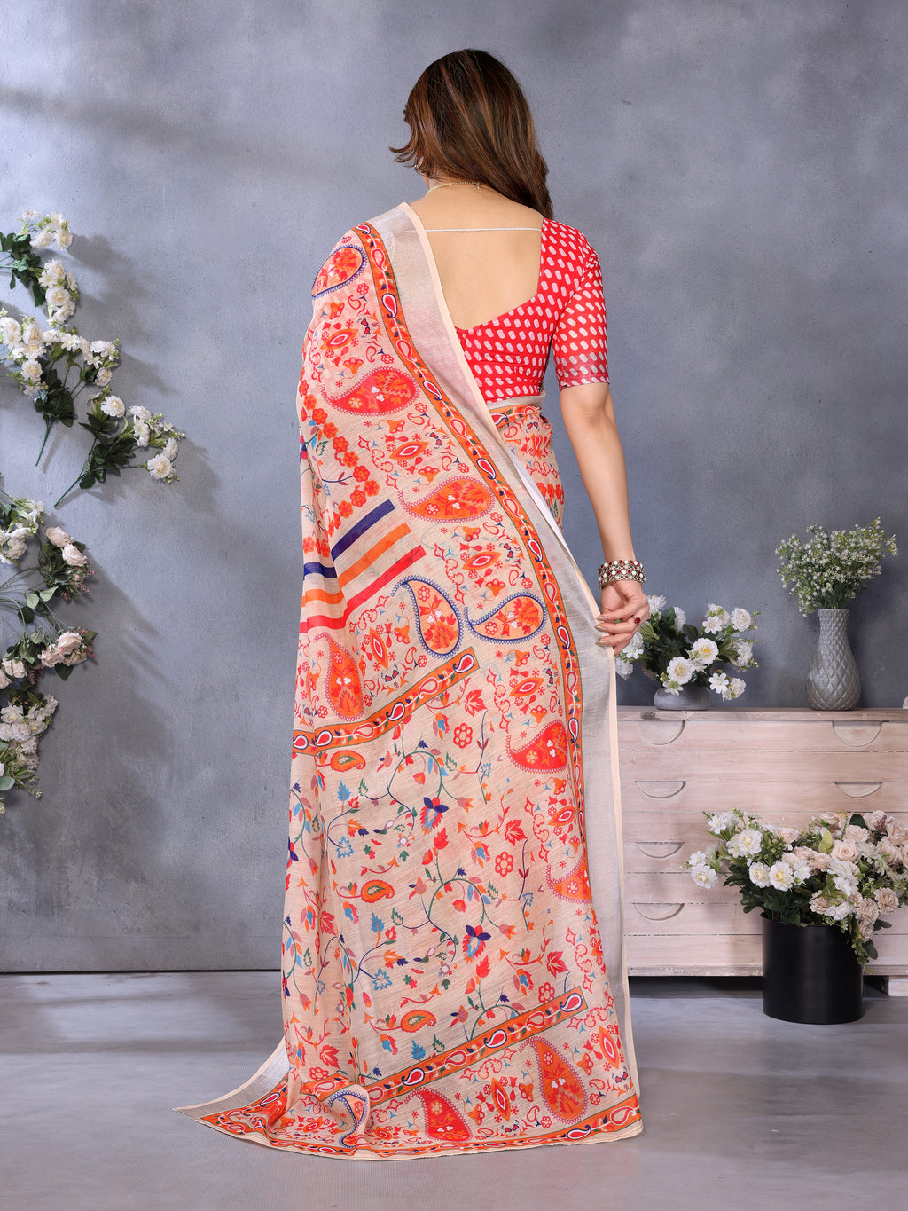 Fabrica Vibe Handwoven Bengal LINEN Saree with Floral Paisley Print & Multicolor Border
