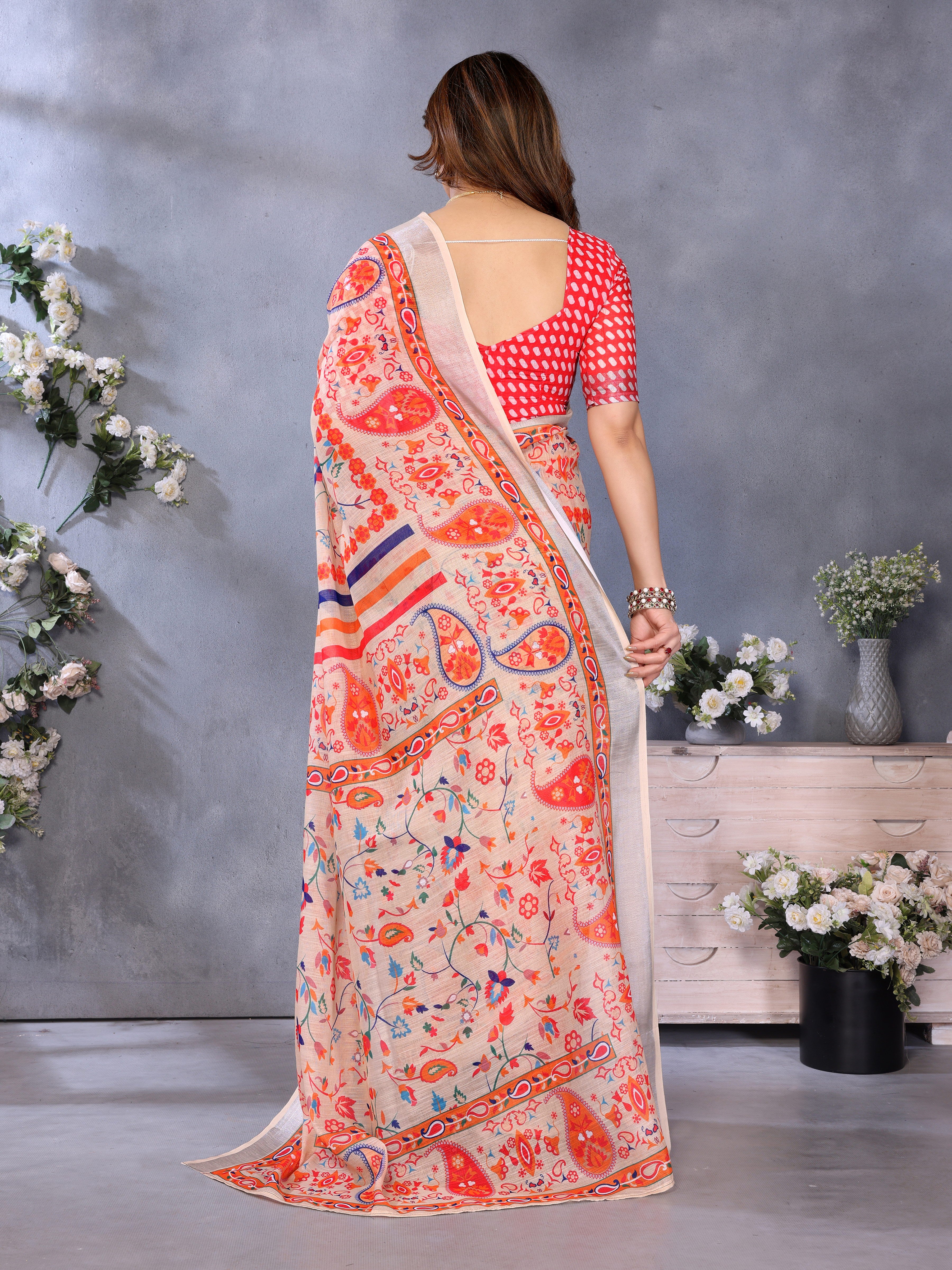 Fabrica Vibe Handwoven Bengal LINEN Saree with Floral Paisley Print & Multicolor Border