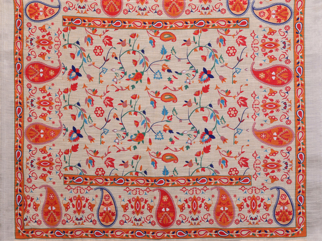 Fabrica Vibe Handwoven Bengal LINEN Saree with Floral Paisley Print & Multicolor Border