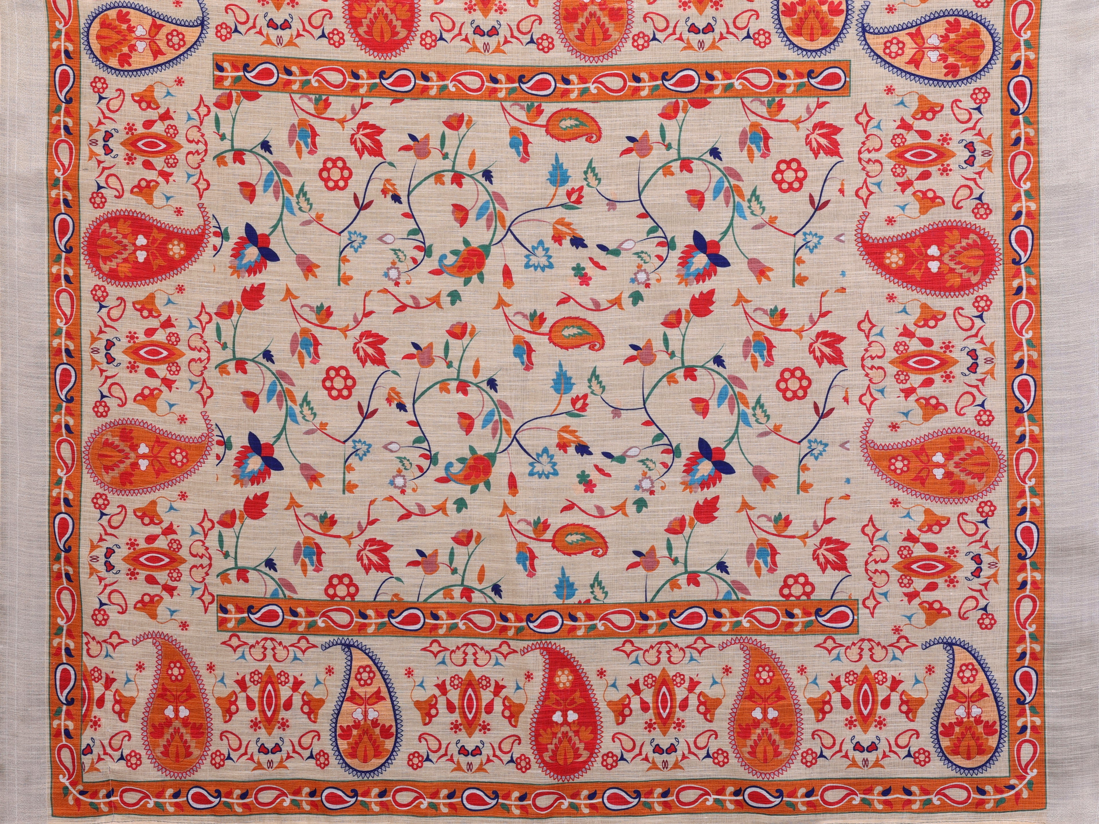 Fabrica Vibe Handwoven Bengal LINEN Saree with Floral Paisley Print & Multicolor Border