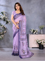 Fabrica Vibe Handwoven LINEN Floral Print Saree with Unstitched Blouse – Lavender Purple Traditional Bengal Weave