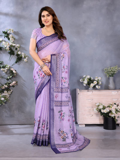 Fabrica Vibe Handwoven LINEN Floral Print Saree with Unstitched Blouse – Lavender Purple Traditional Bengal Weave