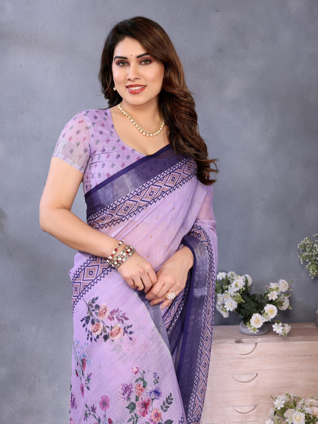 Fabrica Vibe Handwoven LINEN Floral Print Saree with Unstitched Blouse – Lavender Purple Traditional Bengal Weave