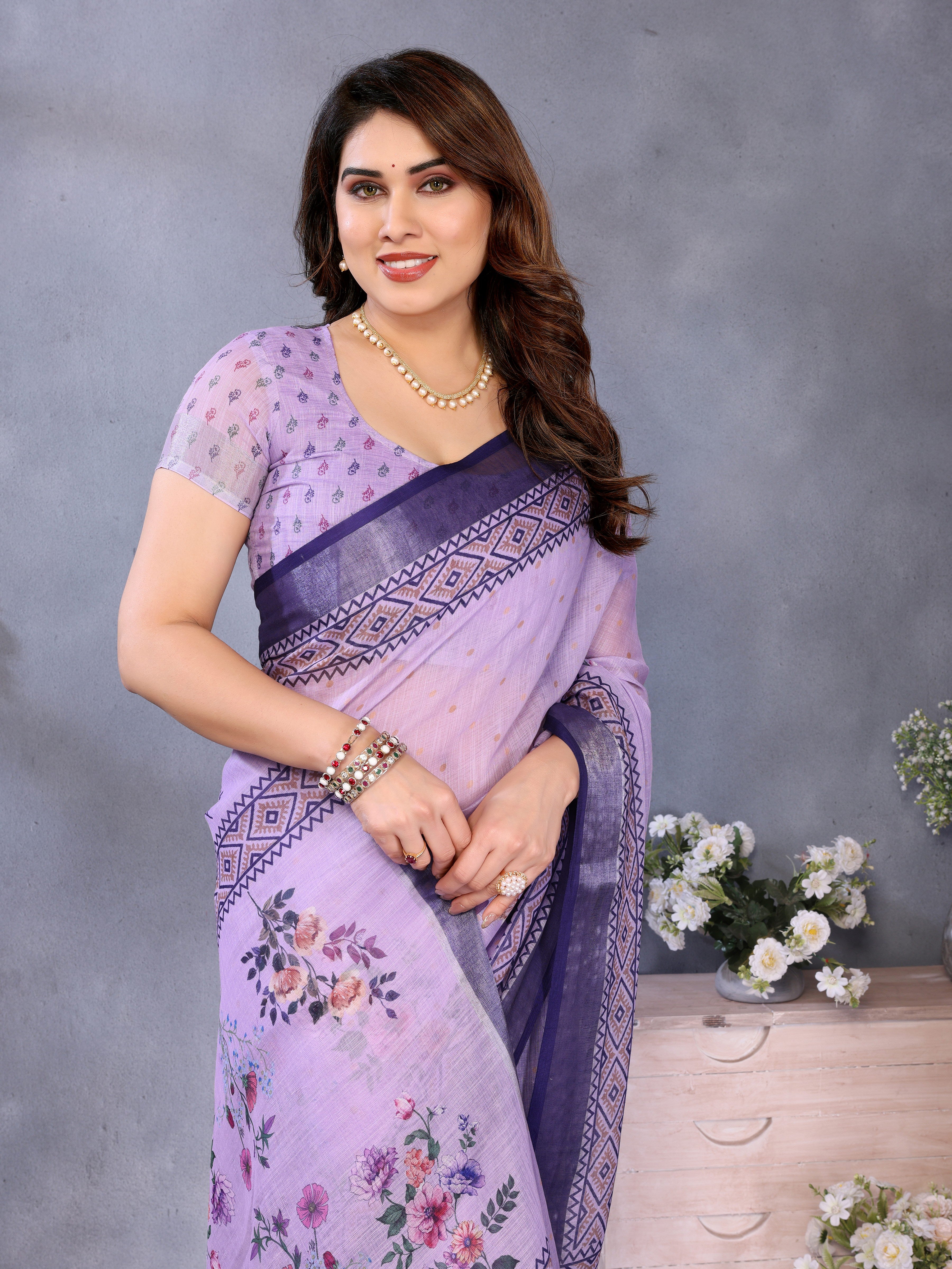 Fabrica Vibe Handwoven LINEN Floral Print Saree with Unstitched Blouse – Lavender Purple Traditional Bengal Weave