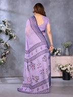 Fabrica Vibe Handwoven LINEN Floral Print Saree with Unstitched Blouse – Lavender Purple Traditional Bengal Weave