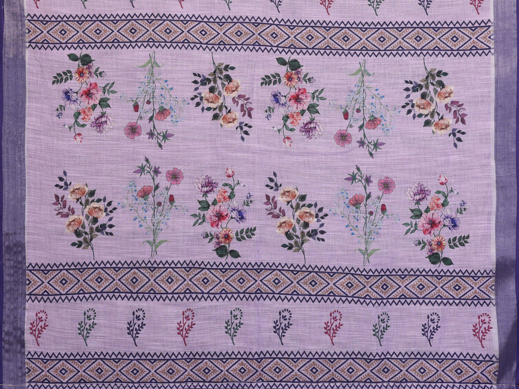 Fabrica Vibe Handwoven LINEN Floral Print Saree with Unstitched Blouse – Lavender Purple Traditional Bengal Weave
