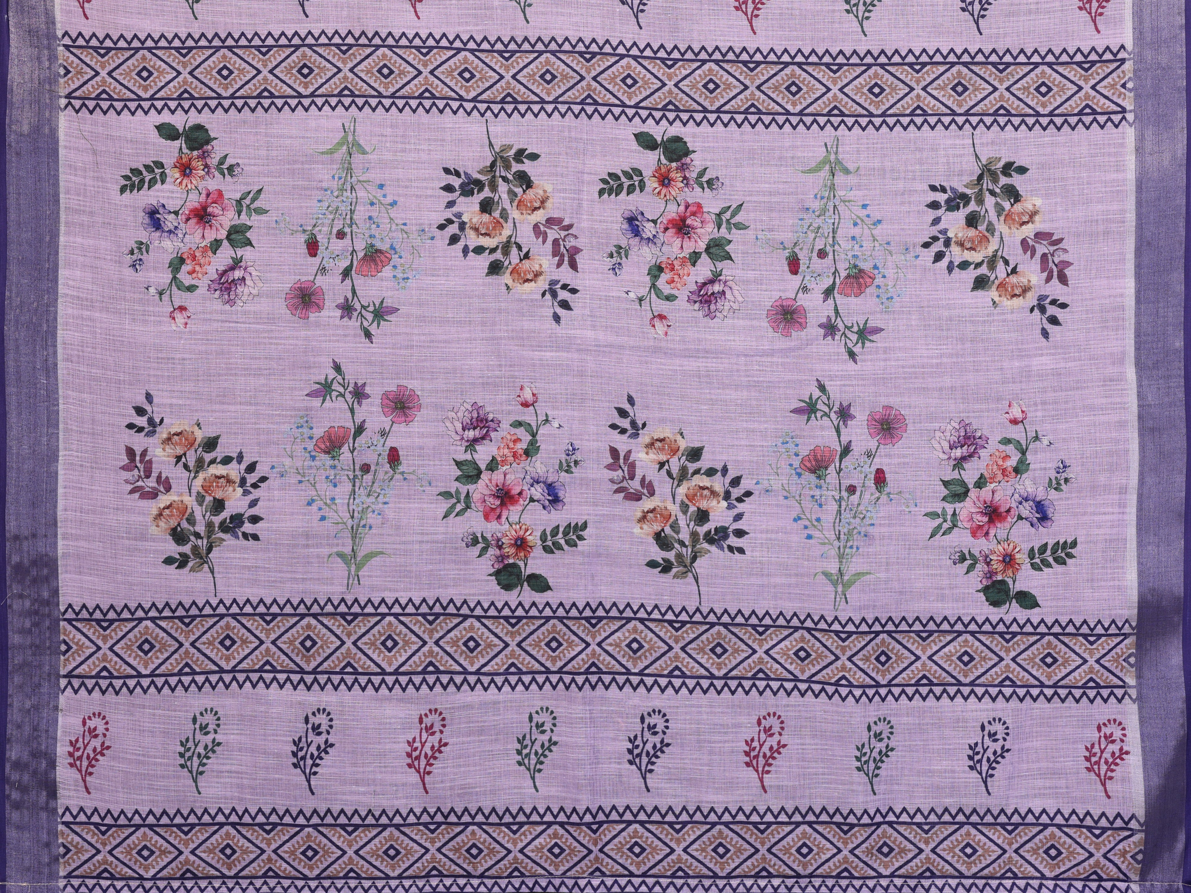 Fabrica Vibe Handwoven LINEN Floral Print Saree with Unstitched Blouse – Lavender Purple Traditional Bengal Weave