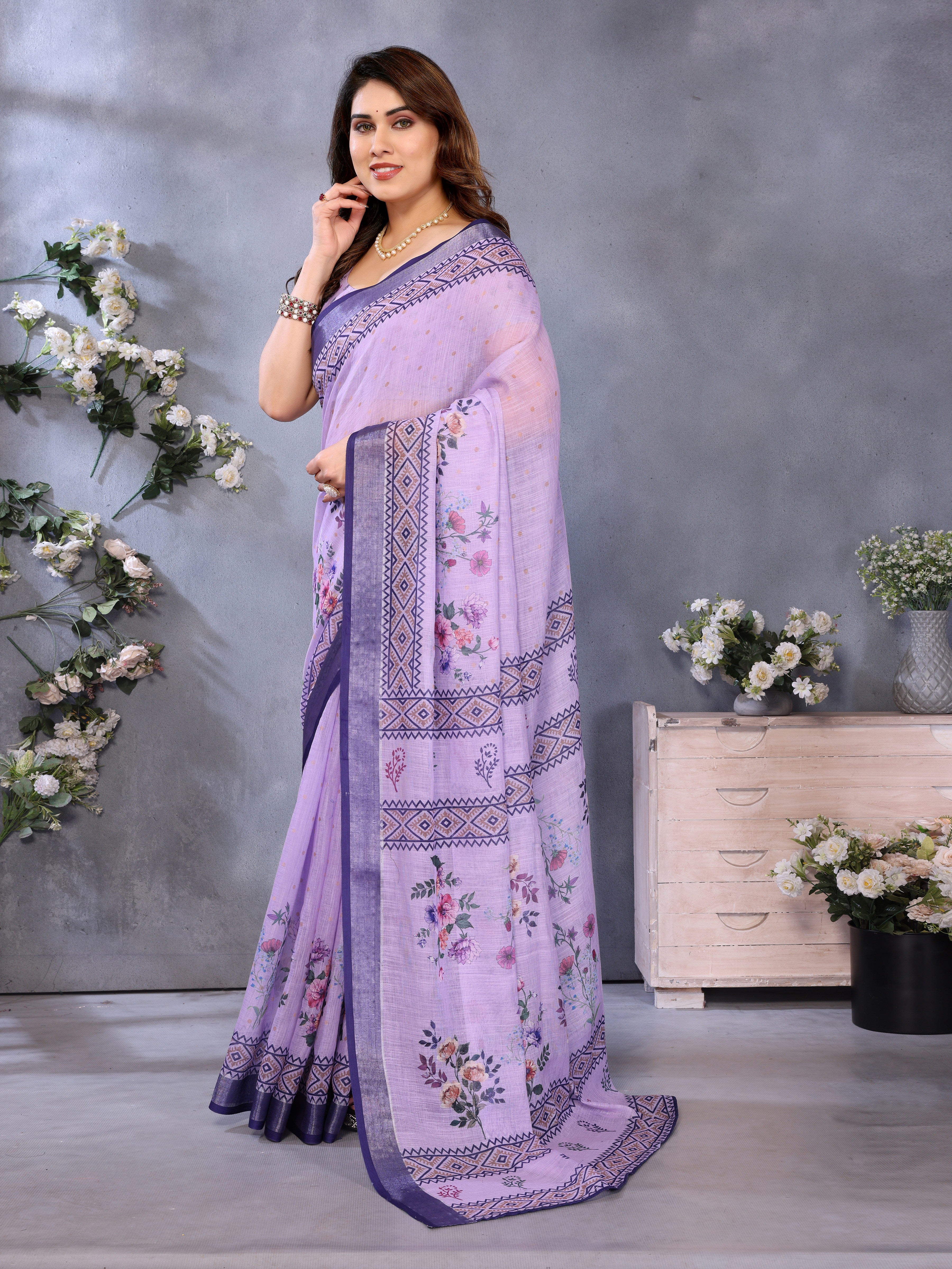 Fabrica Vibe Handwoven LINEN Floral Print Saree with Unstitched Blouse – Lavender Purple Traditional Bengal Weave