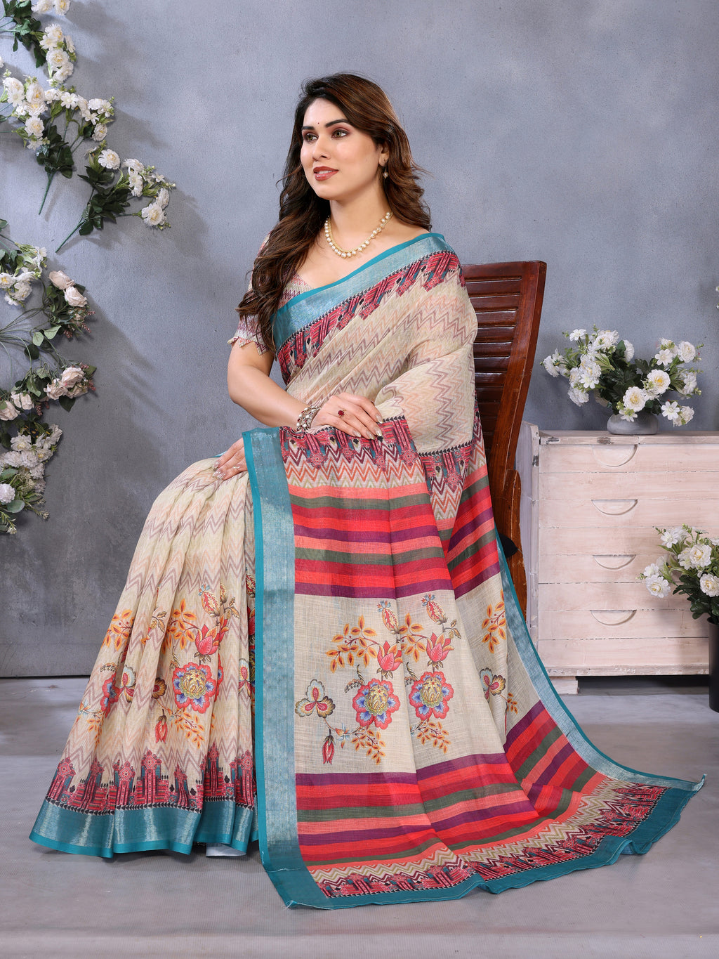 Fabrica Vibe Handwoven Bengal LINEN Saree in Cream with Floral Print & Teal Border