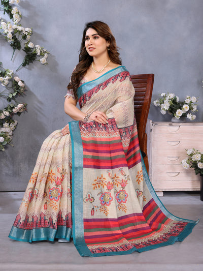 Fabrica Vibe Handwoven Bengal LINEN Saree in Cream with Floral Print & Teal Border