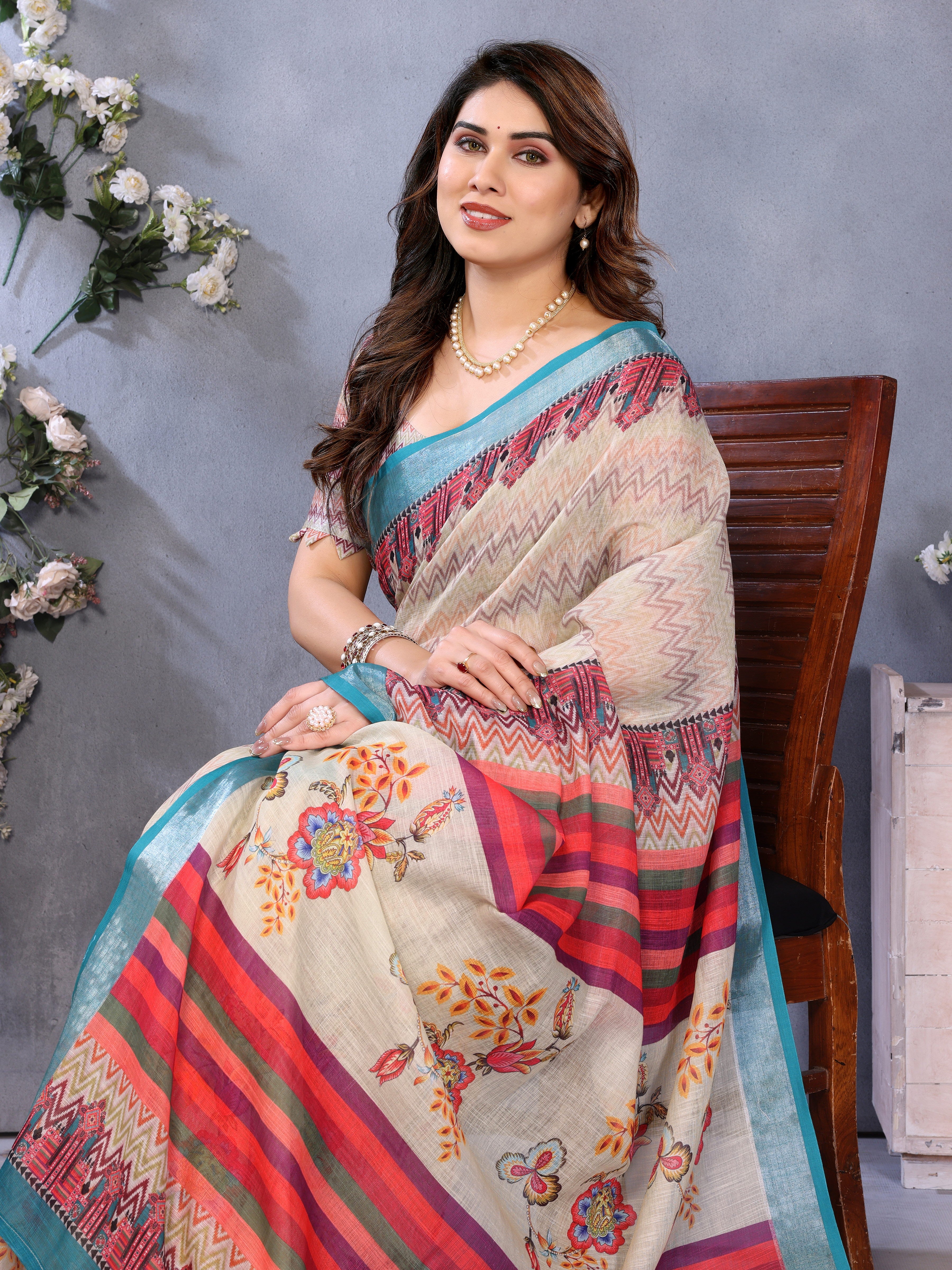 Fabrica Vibe Handwoven Bengal LINEN Saree in Cream with Floral Print & Teal Border