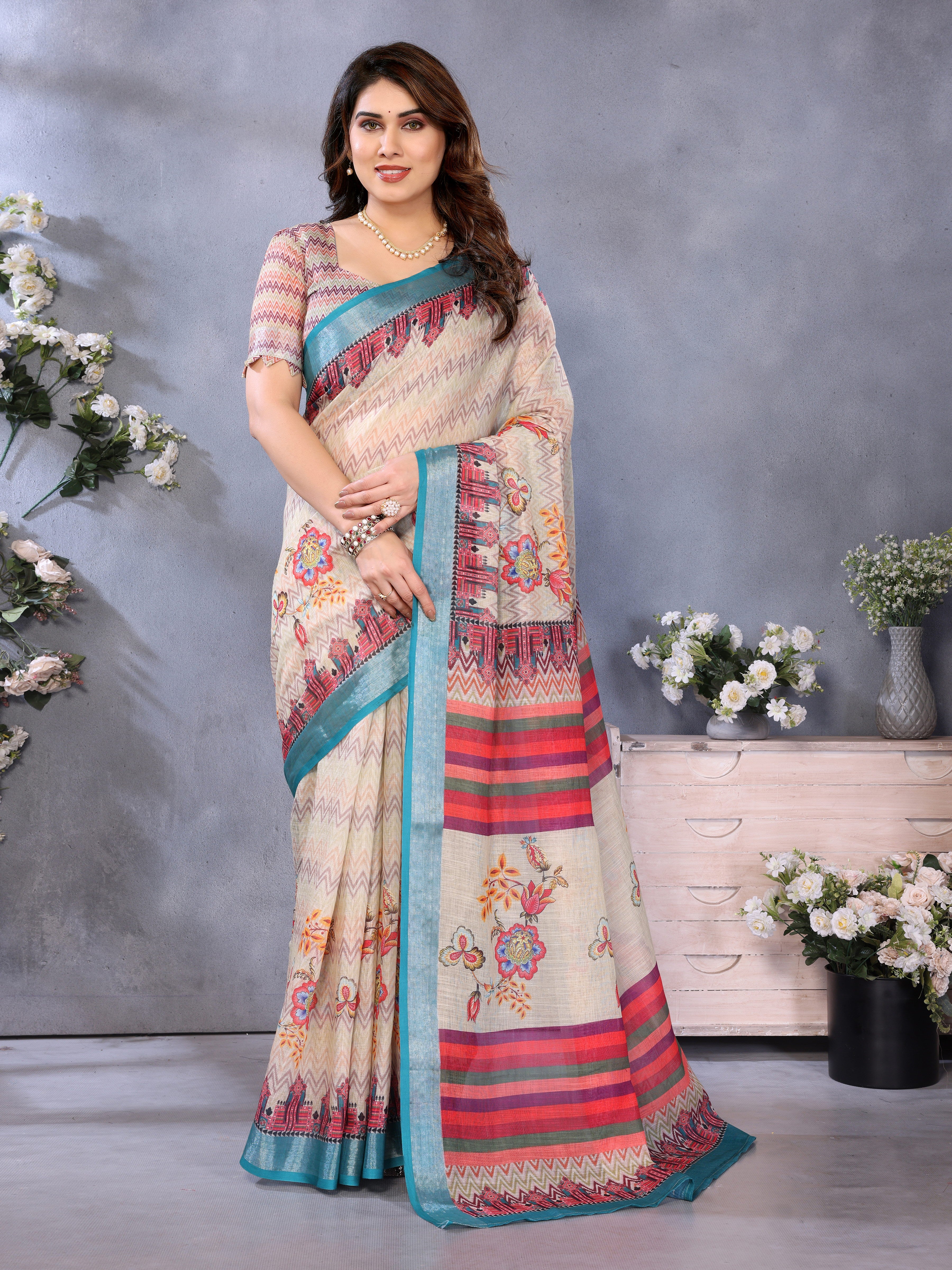 Fabrica Vibe Handwoven Bengal LINEN Saree in Cream with Floral Print & Teal Border
