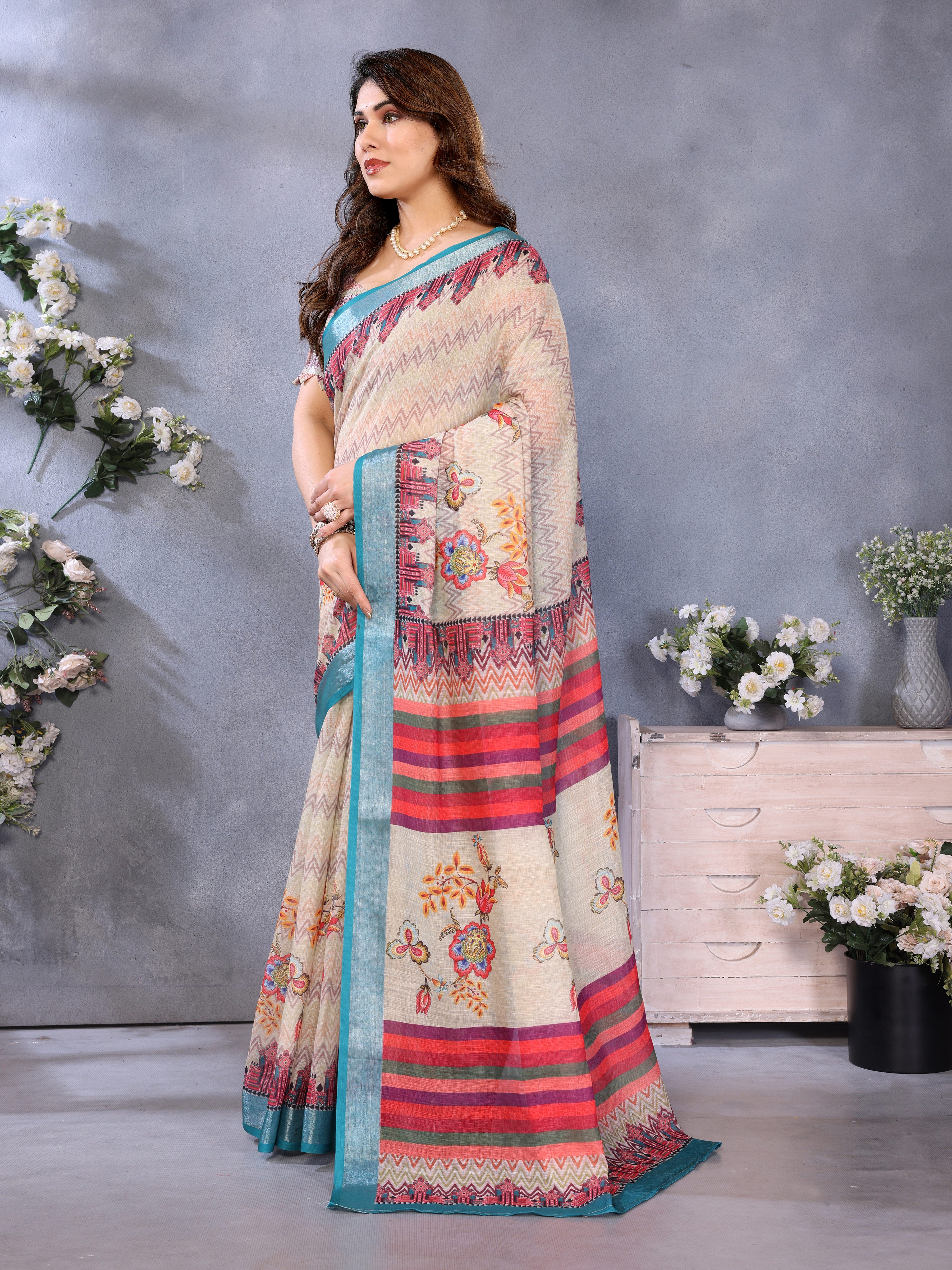 Fabrica Vibe Handwoven Bengal LINEN Saree in Cream with Floral Print & Teal Border