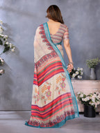 Fabrica Vibe Handwoven Bengal LINEN Saree in Cream with Floral Print & Teal Border
