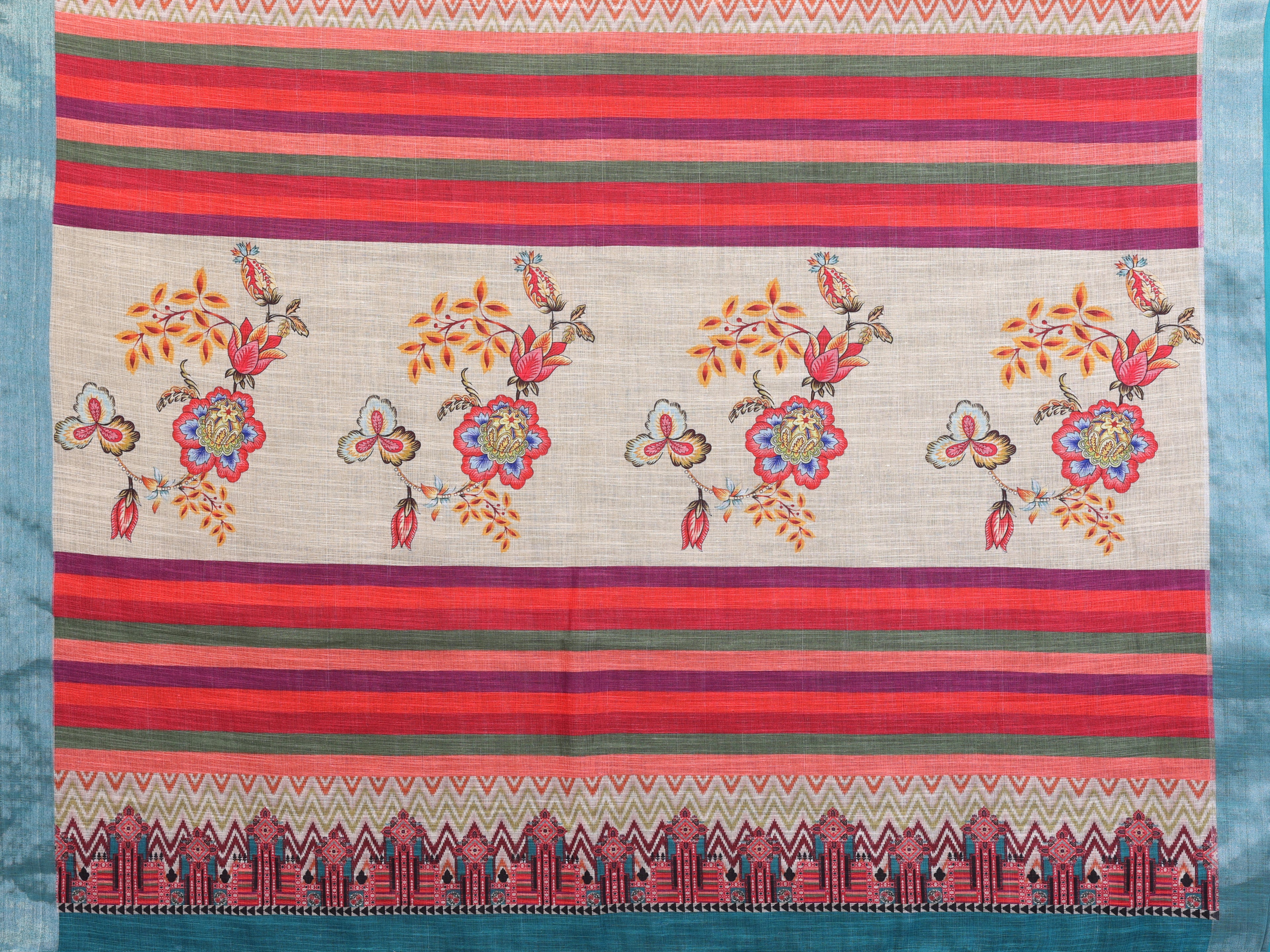 Fabrica Vibe Handwoven Bengal LINEN Saree in Cream with Floral Print & Teal Border