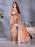 Fabrica Vibe Handwoven Bengal LINEN Saree with Striped Woven Design & Unstitched Blouse – Brown Multi