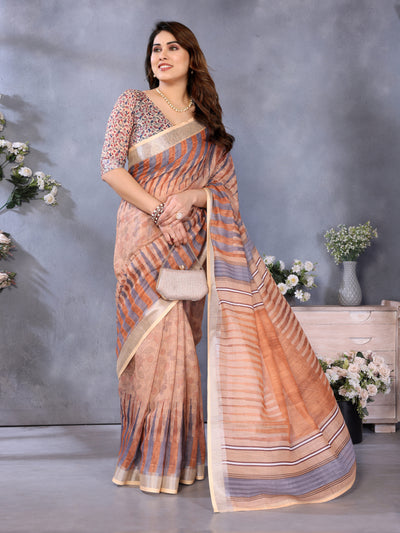 Fabrica Vibe Handwoven Bengal LINEN Saree with Striped Woven Design & Unstitched Blouse – Brown Multi