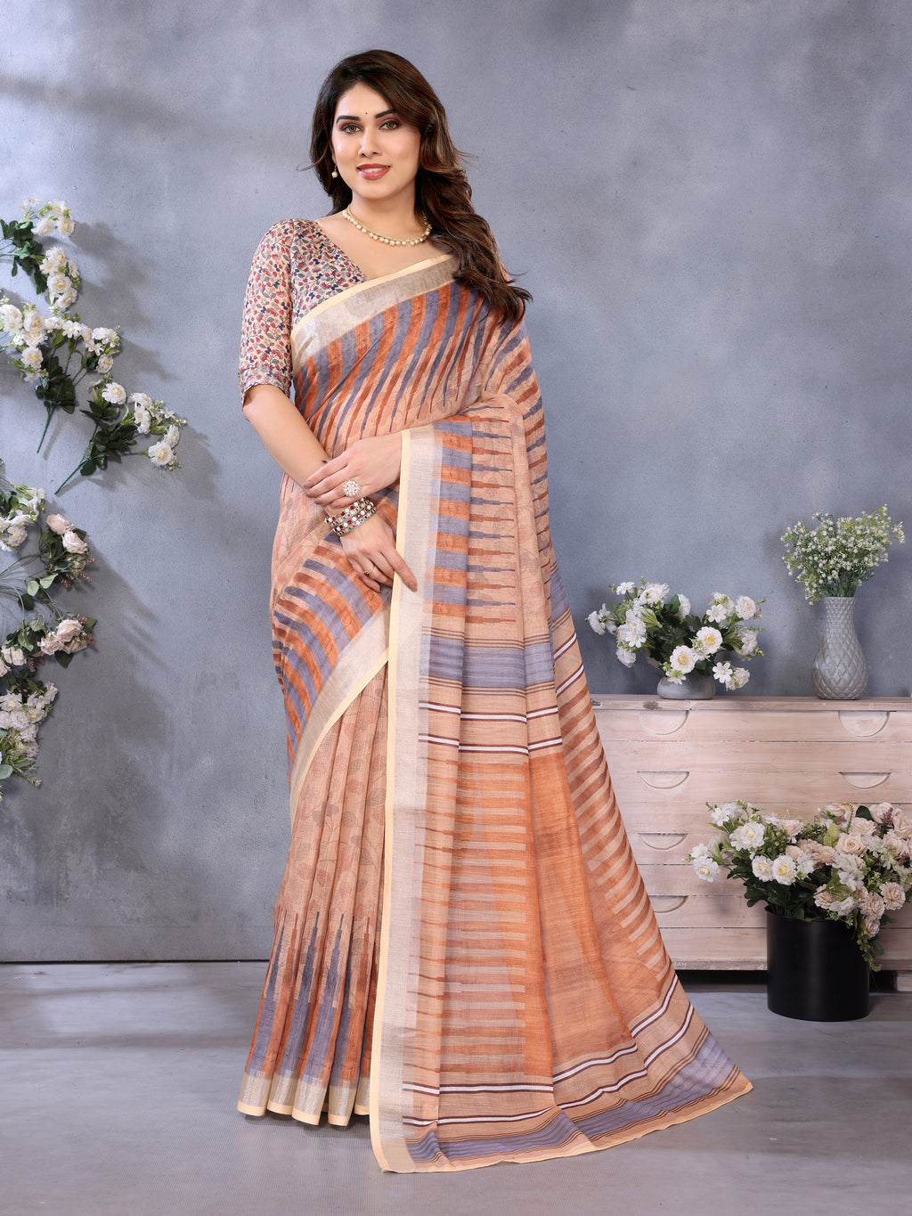 Fabrica Vibe Handwoven Bengal LINEN Saree with Striped Woven Design & Unstitched Blouse – Brown Multi