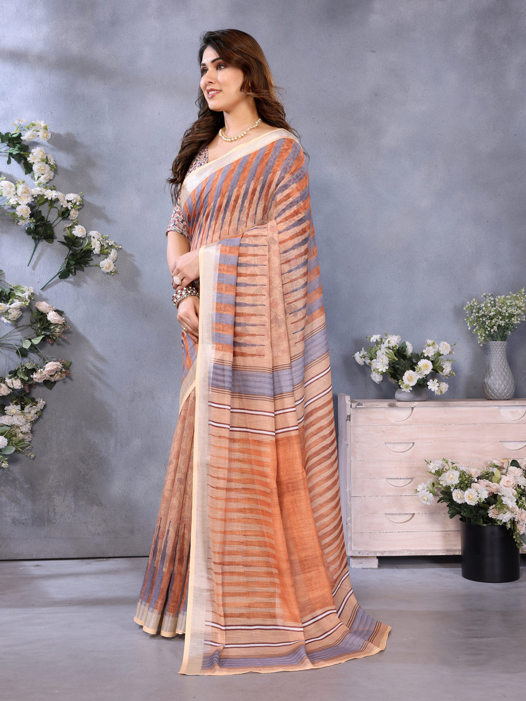 Fabrica Vibe Handwoven Bengal LINEN Saree with Striped Woven Design & Unstitched Blouse – Brown Multi