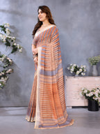 Fabrica Vibe Handwoven Bengal LINEN Saree with Striped Woven Design & Unstitched Blouse – Brown Multi